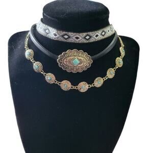 3 piece boho synthetic turquoise gold tone south west choker necklace bundle